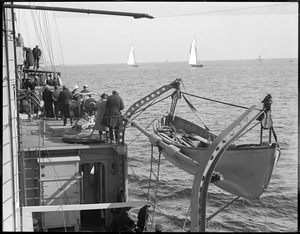 Spectators aboard ship watch races off Gloucester