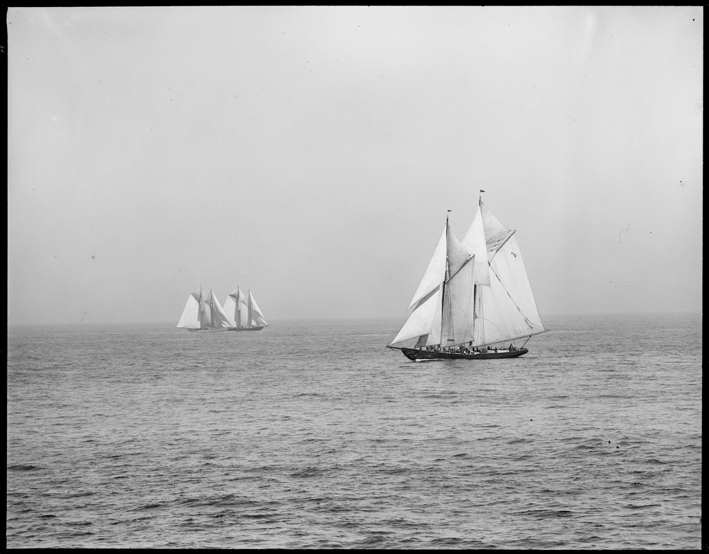Henry Ford, closest, leading Bluenose and Elizabeth Howard, in the distance, last, in Fisherman's race off Gloucester