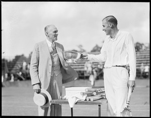 Irving Wright giving 1st Professor Cup to Bill Tilden at Longwood