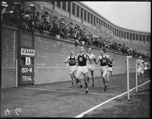 Finish line during collegiate track meet, Harvard Stadium
