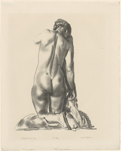 Nude study, woman kneeling on a pillow (study)