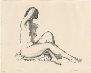 Nude study, girl sitting on flowered cushion
