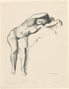 Nude study, woman stretched on bed