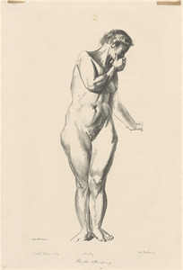 Nude study, girl standing with hand raised to mouth