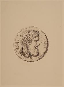 Drawing of coin with profile of male figure with crown of laurel leaves
