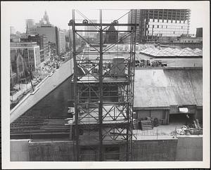 Construction of Boylston Building, Boston Public Library, view of scaffolding from Hotel Lenox