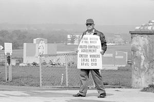 Sacred Heart Cemetery worker picketing, Mount Pleasant Street, New Bedford