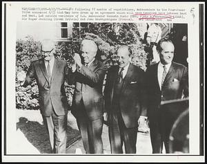 Following 17 months of negotiations, ambassadors to the Four-Power Talks announced 8/23 that they have drawn up an agreement which will ease tensions here between East and West. L-R outside residence of U.S. Ambassador Kenneth Rush: Rush, Pjotr A. Abrassimov (USSR), Sir Roger Jackling (Great Britain) and Jean Sauvagnargues (France).