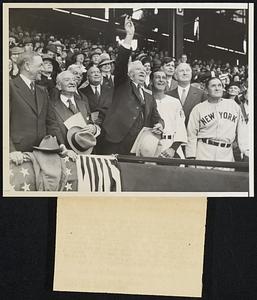 Vice President Throws Out First Ball. Vice-President John N. Garner is shown as he threw out the first ball at Griffith's Stadium's inaugural base ball game ceremonies before the New York Yankees and the Washington Senators took the field in the first ball game of the home season here today. Photo shows left to right: Senator Charles McNary of Oregon; Senator Carter Glass of Va., Vice President Garner, Buckey Harris, manager of the Senators, Postmaster-General James A. Farley and Joe McCarthy, manager of the Yankees.