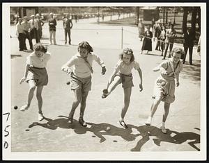 Boston playground champions meet for city championship in O’Leary contest. These four girls (left to right); Anna Haran, Mafalda DiLorenzo, Iris Marsman, and Mary Hogan, finished first, second, third and fourth, in the city championship finals on the Common this morning.