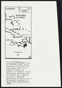 Where Cleo Is Heading--Open arrow indicates direction of Hurricane Cleo as it headed toward the island of Jamaica today. Hurricane warnings were in effect for Jamaica and the southwest peninsula of Haiti.