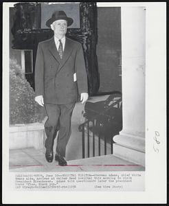 Hospital Visitor--Sherman Adams, chief White House aide, arrives at Walter Reed hospital this morning to visit President Eisenhower. Adams told questioners later the president looks "fine, thank you."