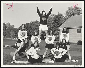 Cheerleaders. Tauton. Front Debbie Gibbons; Debbie Pina. Middle; Shelley DiRubio, Carolyn Osenkowski, Carol Stempka, Carol Zagrodny. Top: Ann Nichols. Head cheerleader: Charlene Crowley, Leslie Lima.