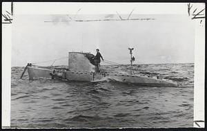 Record Dive of 13,288 feet under the Atlantic was made by French Navy Lt. Comdr. Georges Houot and an engineer's mate in this Bathyscafe FNRS 3 off the West Coast of Africe. The dive, farther than man has gone before, passed the 10,339 feet mark set by Prof. Auguste Piccard and his son.