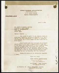 A photographic copy of the letter received by Representative Albert F. Bigelow from M. F. Collins, assistant director of the WPA division of operations, stating that the federal relief agency had received no direct request for funds from the $3,000,000 allocated to Massachusetts for flood repairs and reconstruction.