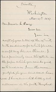 Letter from Joseph Holt, Washington, to Darwin C. Pavey, 1887 November 27