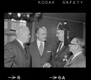 Clarence Young, "Red" Skelton, Stanley F. Maxwell and Harvey B. Leggee at an Aleppo Temple Shriners luncheon