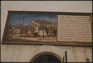 Sign and painting commemorating foundation of La Placita Church, Los Angeles