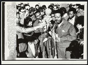 The Rev. Ralph Abernathy, head of Southern Christian Leadership Conference, talked into microphones in Memphis today after being released from jail on $1 bond. He and four other civil rights leaders previosuly had refused to post bond and were jailed after being indicted on charges of encouraging Negro pupils to boycott Memphis schools in protest demonstrations. Abernathy remained behind bars eight days.