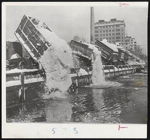 New York Digs Out-Snow removal trucks dump snow into East river at 61st street as New York continues to dig out of the estimated 99,000,000 tons of snow that fell on the city Dec. 26.