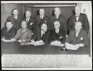 Baseball Moguls to Name New CZAR -- Here are eight of the new 10-man committee named to define powers, salary and term of a baseball commissioner, as they met with the major league heads today. Left to right, seated, they are: Thomas A. Yawkey; Boston Red Sox; Samuel Breadon, St. Louis Cardinals; ford Frick, National League president; William Harridge, American League president, and Warren Giles, Cincinnati Reds. Standing, left to right: P.K. Wrigley, chicago Cubs; Donald C. Barnes, St. Louis Browns; Horace Stoneham, New York Giants; Alva Bradley, Cleveland Indians, and Jack Zeller, Detroit Tigers. Other committee members are Branch Rickey, Brooklyn, and Joseph Hostetler, Cleveland.