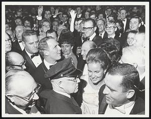 Crowd Welcomes Mayor Kevin White and his wife at the inaugural ball at the Hotel Sheraton Boston last night.