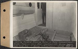 Contract No. 103, Construction of Work Boat for Quabbin Reservoir, Quincy, looking forward showing motor in motor compartment, Quincy, Mass., Dec. 11, 1940