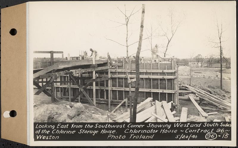 Contract No. 96, Chlorine Storage House and Equipment and Chlorinating Equipment for Gate House at Norumbega Reservoir, Weston, looking east from the southwest corner showing west and south sides of the chlorine storage house, chlorinator house, Weston, Mass., May 20, 1940