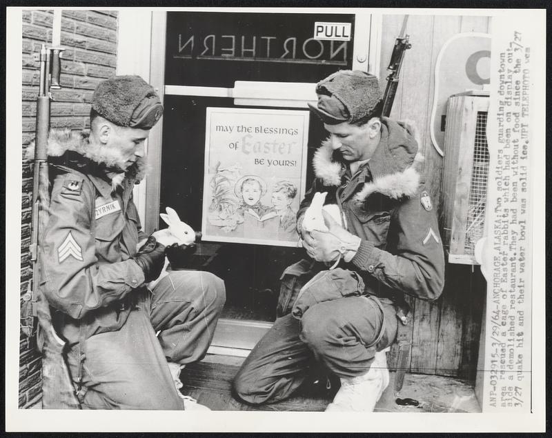 Two soldiers guarding downtown area rescued a cage of Easter rabbits which had been on display outside a demolished restaurant. They had been without food since the 3/27 quake hit and their water bowl was solid ice.