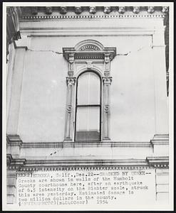 Cracked by Quake--Cracks are shown in walls of the Humbolt County courthouse here, after an earthquake of 6.5 intensity on the Richter scale, struck this area yesterday. Estimated damage is two million dollars in the county.