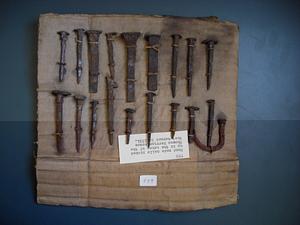 Hand made nails picked up in the ashes of the Thomas Merriam house that burned in 1891