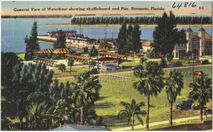 General view of waterfront showing shuffleboard and pier, Sarasota, Florida