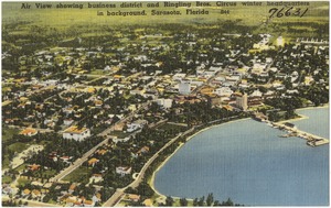 Air view showing business district and Ringling Bros. Circus winter headquarters in background, Sarasota, Florida