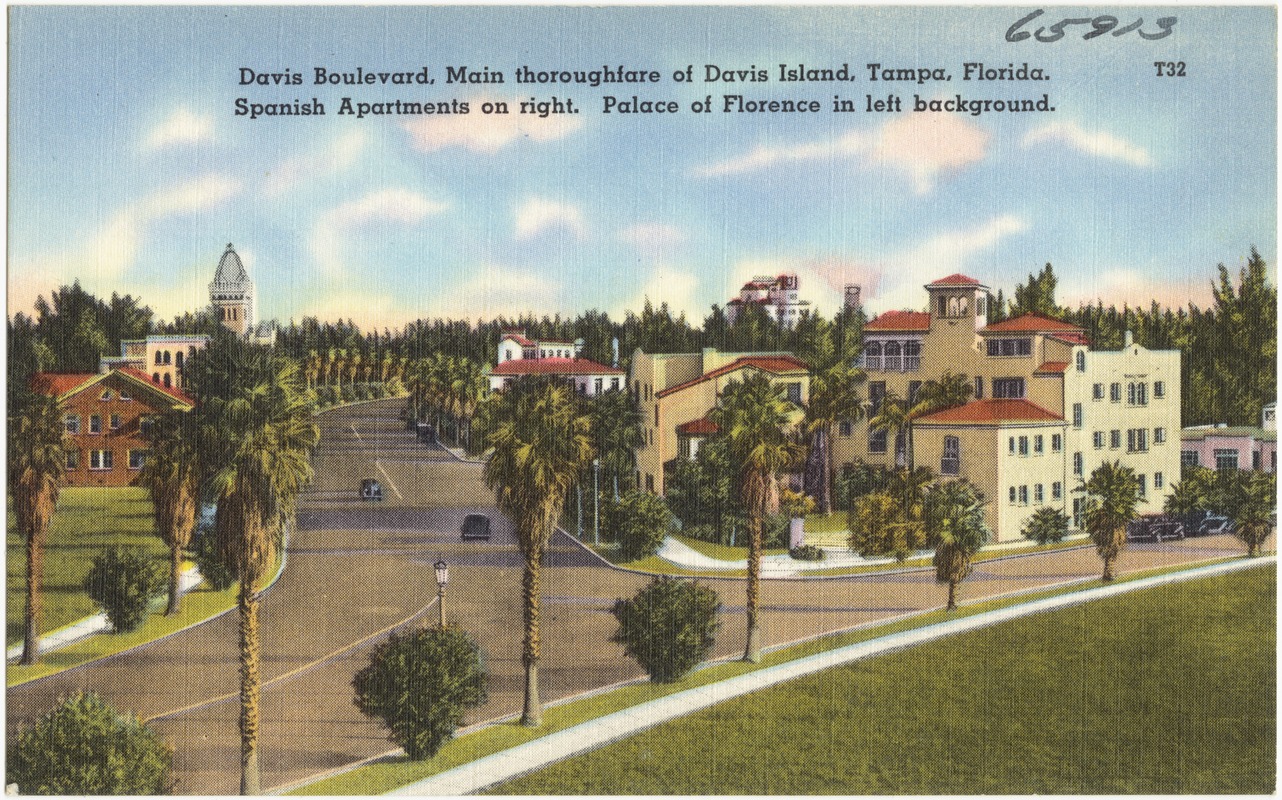 Davis Boulevard, main thoroughfare of Davis Island, Tampa, Florida. Spanish Apartments on right