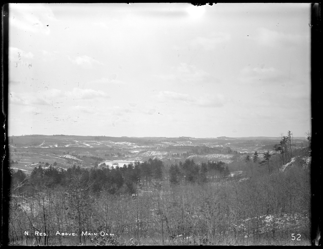 Wachusett Reservoir, looking up the valley about the main dam, from hill on the west bank of Nashua River opposite main dam site, Clinton, Mass., Mar. 9, 1896