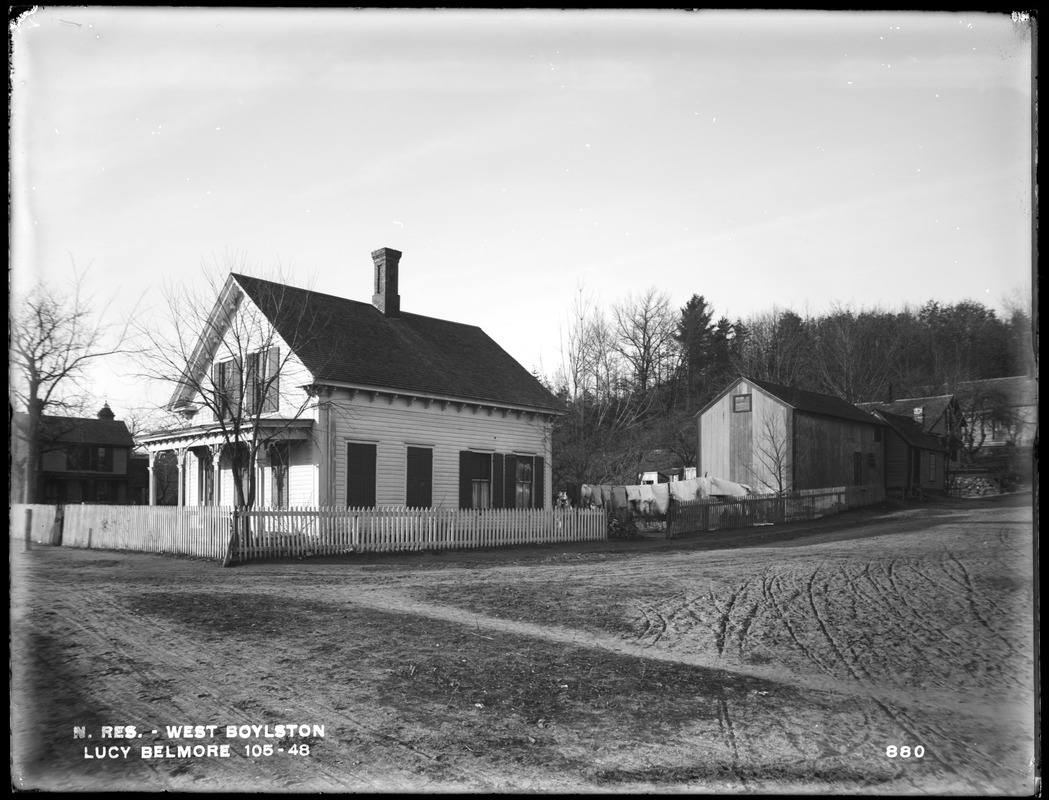 Wachusett Reservoir, Lucy Belmore's house and barn, corner of cross and Union Streets, from the southeast in Cross Street, West Boylston, Mass., Dec. 14, 1896