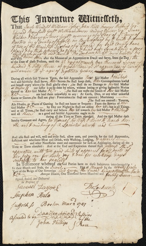 Sarah Pain indentured to apprentice with Thomas [Tho] Jackson, Jr. of Boston, 2 March 1747