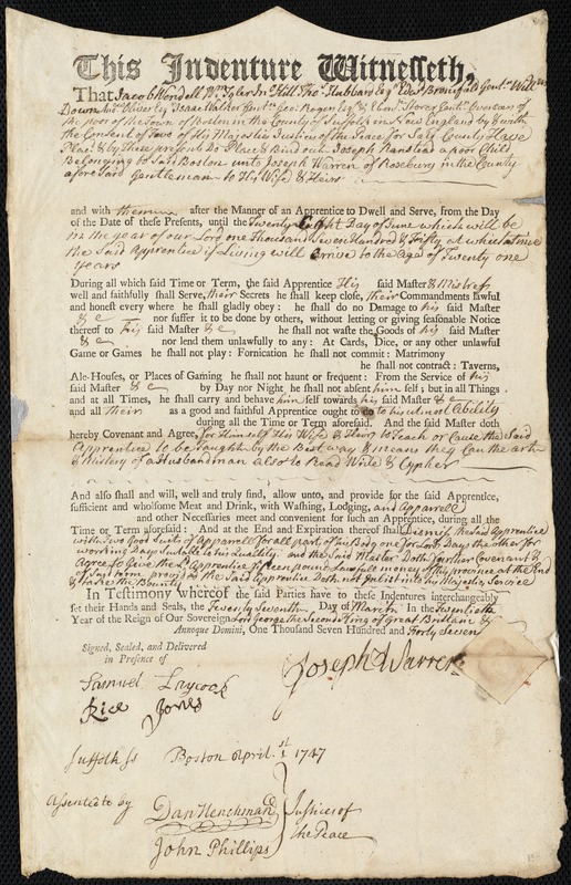 Joseph Ranstead indentured to apprentice with Joseph Warren of Roxbury, 27 March 1747