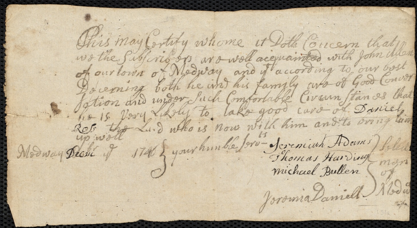 Daniel Ross indentured to apprentice with John Allen of Medway, 2 May 1747