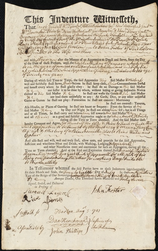 Robert Price indentured to apprentice with John Foster of Boston, 28 July 1747