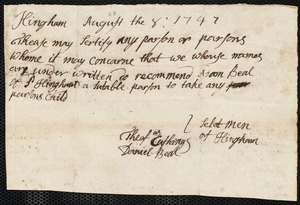 Hannah Hubbard indentured to apprentice with Adam Beal of Hingham, 31 August 1747