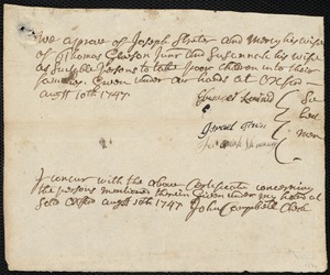 Susanna Sloper indentured to apprentice with Joseph Streeter [Streter] of Oxford, 31 August 1747