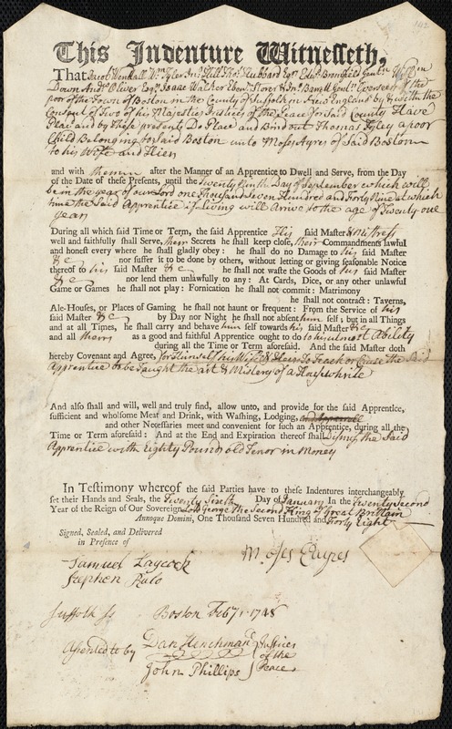 Thomas Foley indentured to apprentice with Moses Ayres of Boston, 26 January 1748