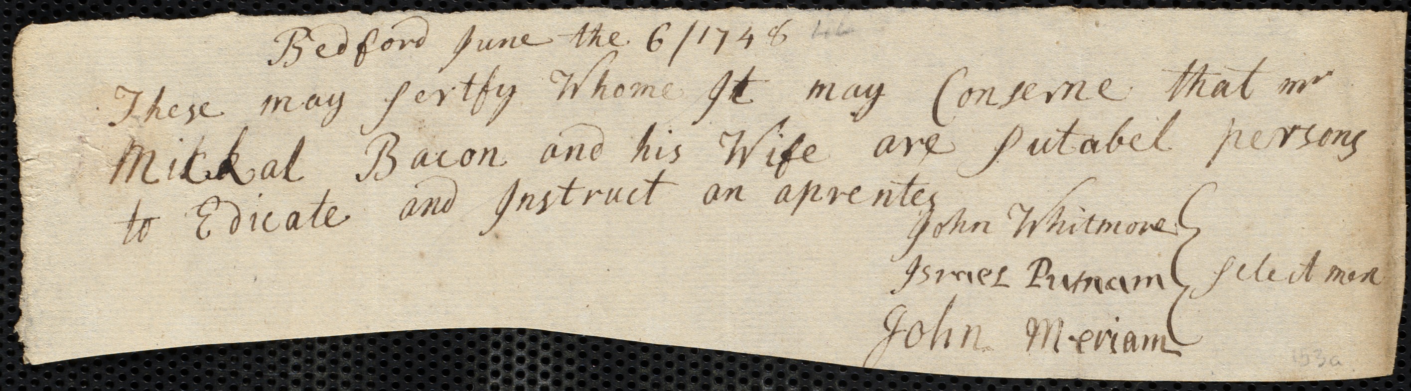 Martha Bennett indentured to apprentice with Michael Bacon of Bedford, 7 July 1748