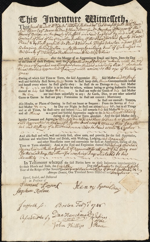 Moses Johnston indentured to apprentice with Henry Spaulding, Jr. of Chelmsford, 8 September 1747