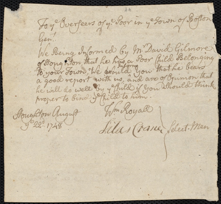 Margrett Cocklin indentured to apprentice with David Gilmore of Stoughton, 5 September 1748