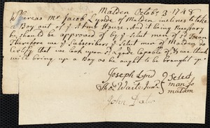 Eliakim [Eliakam] Perry indentured to apprentice with Jacob Lynde of Malden, 31 October 1748