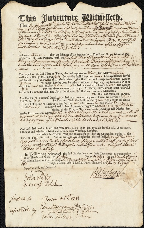 Sarah Orn indentured to apprentice with Joseph Jackson of Boston, 5 October 1748