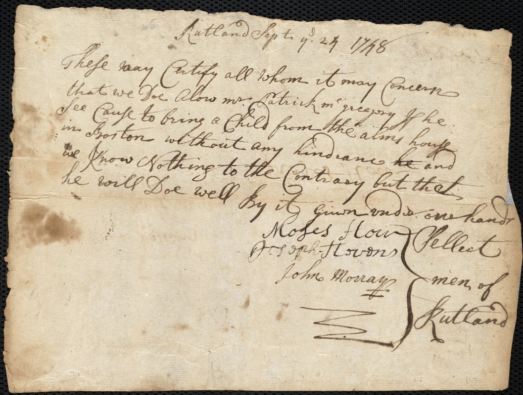 Elizabeth Richardson indentured to apprentice with Patrick McGregory of Rutland, 4 October 1748