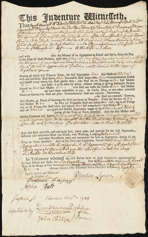 Mary Brown indentured to apprentice with Phineas [Pheneas] Lyman of Suffield, 16 November 1748